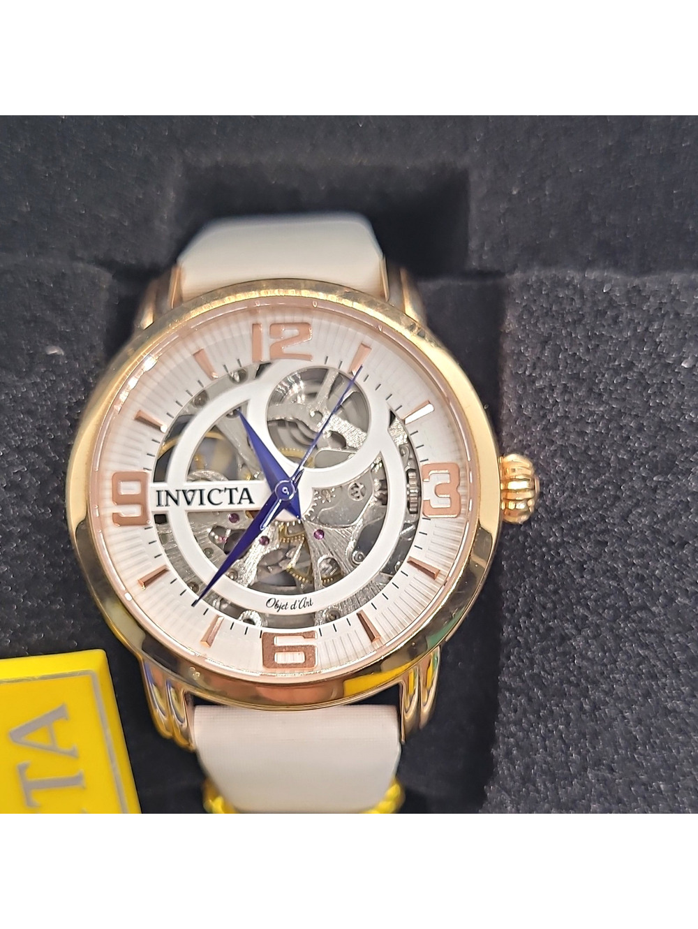 600 Invicta Objet d'Art Women's Automatic Skeleton Dial Gold Case White Strap